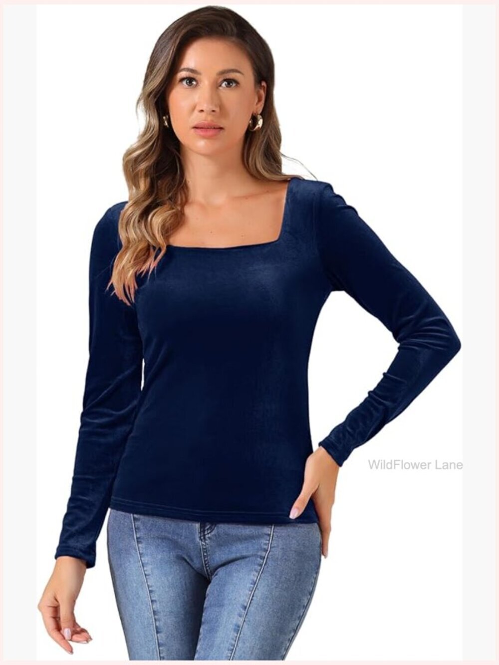 Square Neck Long Sleeve Velvet Blouse Top T-Shirt